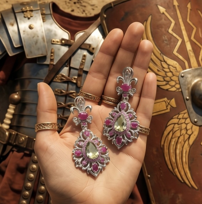Giovanna - Authentic 28.9 carat Green Amethyst Ryby .925 Sterling Silver dipped in rhodium handcrafted earrings - Hand holding elaborate ruby and amethyst earrings with Roman armor背景