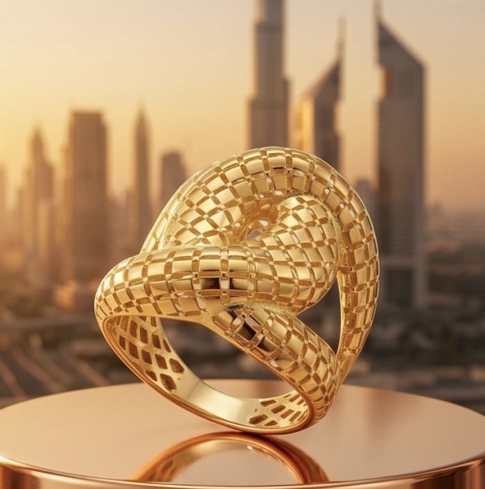 Dubai Style - Golden knot - .925 Sterling Silver dipped in 22K Gold handmade Large ring size 9 - Golden knot ring on pedestal with Dubai skyline backdrop