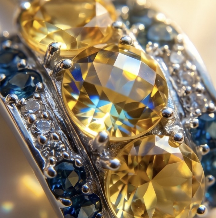Valentina - Vintage Design Genuine 8.5 carat Citrine .925 Sterling Silver dipped in rhodium handmade Pendant - Close-up of vintage design citrine ring with blue accents