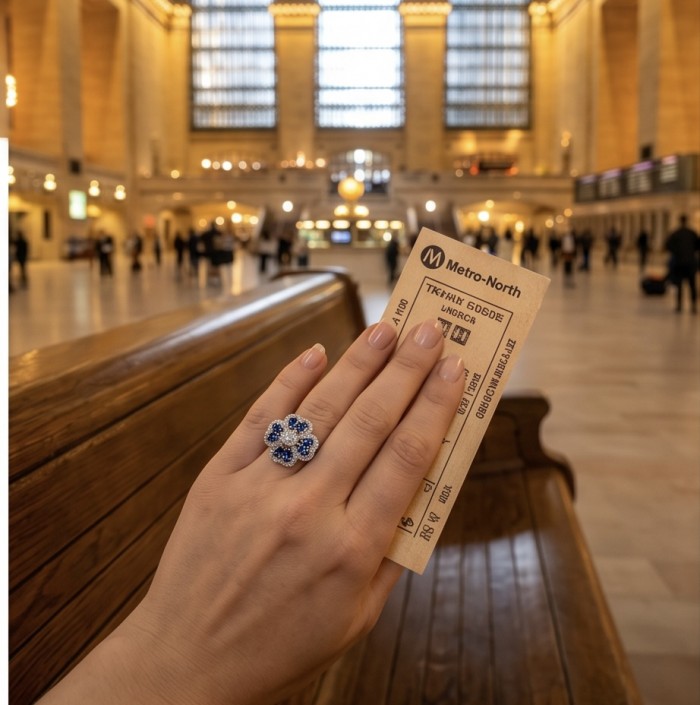 Art deco - Real 3.2 carat Sapphire Italy Made Silver Sterling Silver spinning ring s. 8 1/4 - Sapphire ring worn on hand, Metro-North ticket in elegant station setting.