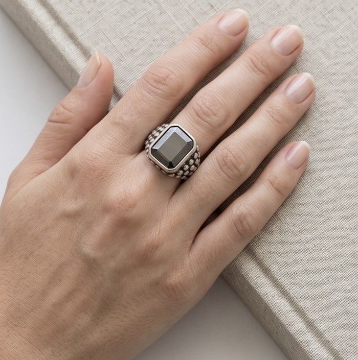 The King- Huge 12.5 carat Black Onyx .925 Sterling Silver handcrafted ring; s. 12 - Ring on hand showcasing black onyx and sterling silver design
