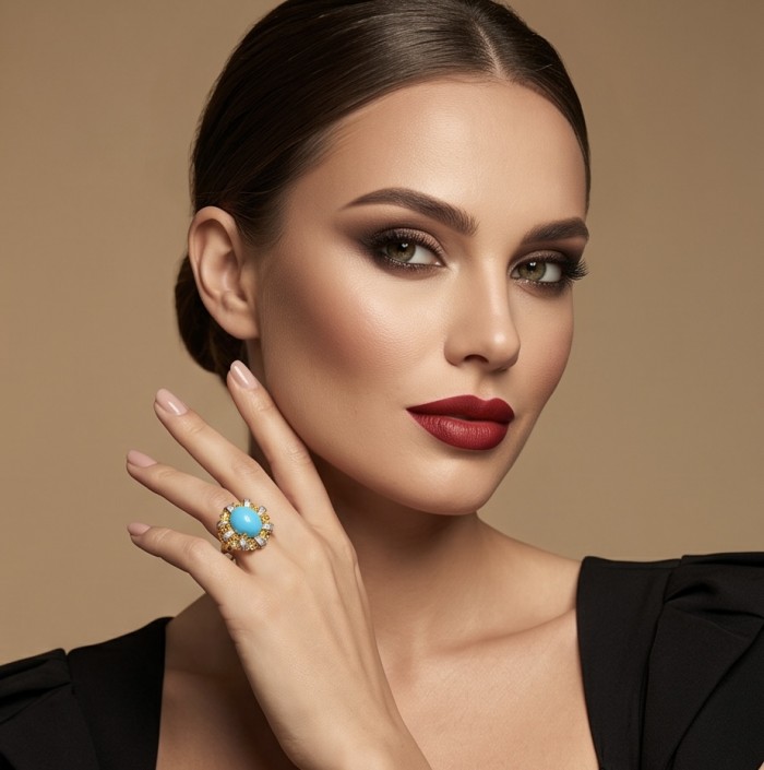 Sofia - authentic Sleeping Beauty Turquoise 22K Gold over .925 Sterling Silver handcrafted Statement Ring size 6 - Model wearing Sofia turquoise ring, close-up view on hand