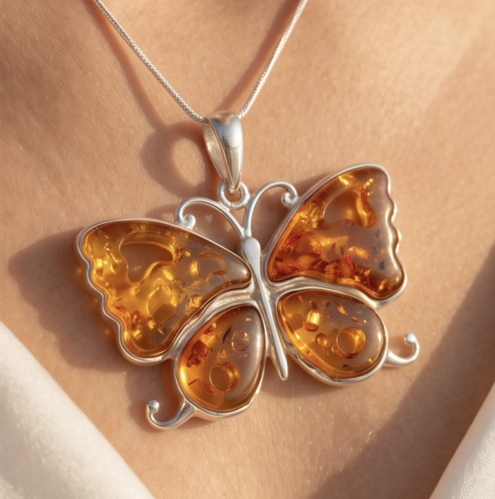 Golden Butterfly Authentic carved Baltic Amber .925 Sterling Silver handcrafted pendant - Butterfly Baltic Amber pendant, worn on neck, close-up view.
