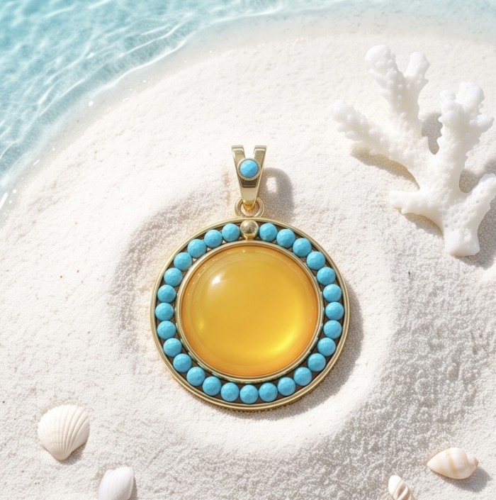 Golden Sun Prehistoric Authentic Butterscotch Baltic Amber .925 Sterling Silver beautifully handcrafted Pendant - Golden Sun amber pendant on sand with turquoise accents, top view.