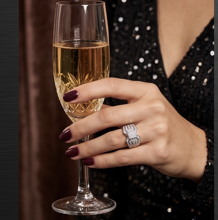 Aphrodite - 4.8 carat White Topaz Silver tone handcrafted Soild ring size 7 - Aphrodite ring worn on hand, holding champagne glass.