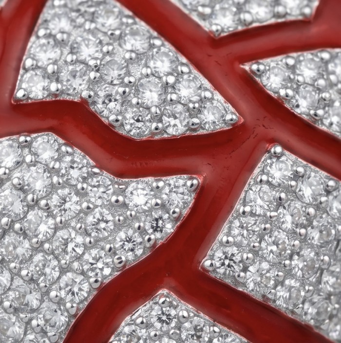 Lava Heart Luxurious 8.4 carat White Topaz .925 Sterling Silver handcrafted pendant - Close-up of Lava Heart setting with white topaz stones and red accents.