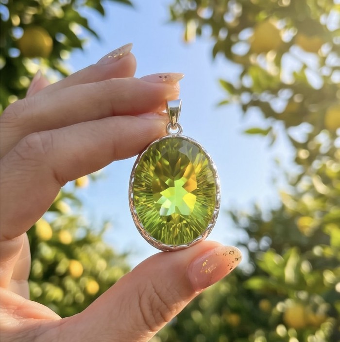 Wise Bliss Authentic 31.6 carat Green Amethyst .925 Sterling Silver handmade Pendant - Close-up of Wise Bliss 31.6 ct green amethyst pendant held in sunlight