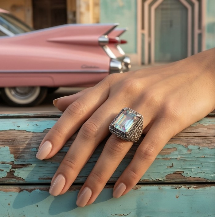 Big Dreamer Massive 25.8 carat Mystic Topaz .925 Sterling Silver handcrafted Large ring size 7 - Mystic Topaz ring worn on hand with vintage car background