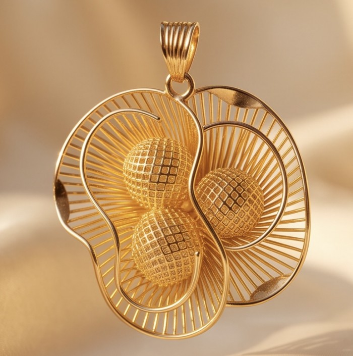 Dubai Style - Golden Rose .925 Sterling Silver dipped in 22K Gold handmade Pendant - Elegant pendant, side view, intricate golden design with textured spheres.