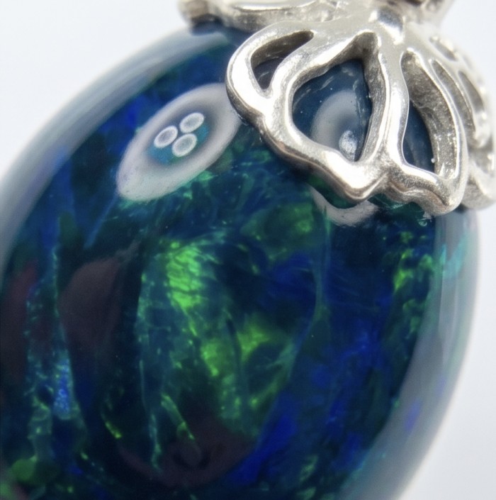 Mystery 10.8 CTW Authentic Black Opal 14K Gold over .925 Sterling Silver handmade Pendant - Close-up of 10.8 CTW black opal with silver detail