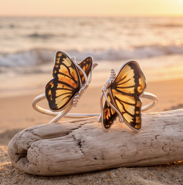 Golden Butterfly Genuine carved Baltic Amber .925 Sterling Silver dipped in rhodium handamde Bracelet - Golden butterfly amber bracelet on driftwood, beach background