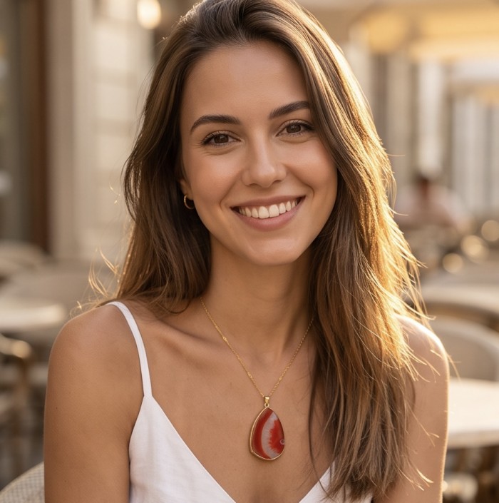 Talisman to banish fear and inspire action - Natural Carnelian Agate golden Necklace - photo 1