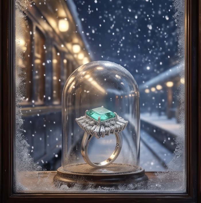 Julia asscher cut 5.8 carat Colombian Emerald 4.2 carat Moissanite .925 Sterling Silver dipped in Rhodium handcrafted Ring size 6 1/4 - Emerald ring under glass dome, snowy train station backdrop