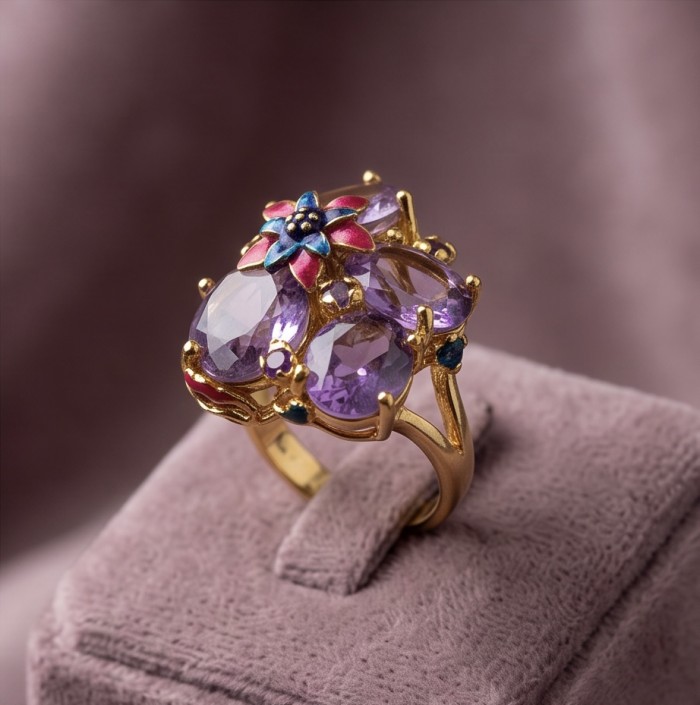 Lila Blossom 17.5 carat Pink Amethyst 22K Gold over .925 Silver handcrafted Cocktail Ring s. 6 3/4 - Side view of Lila Blossom ring with pink amethyst and enamel flower.