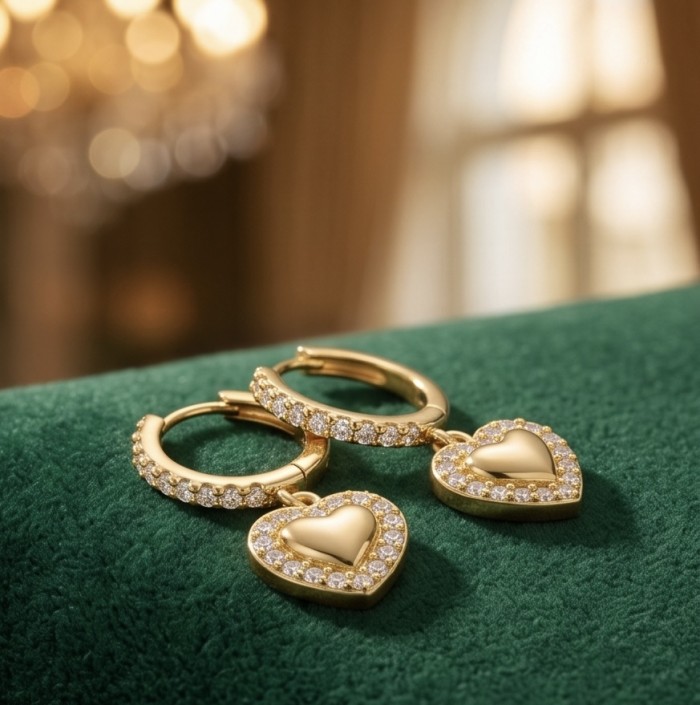 Precious Hearts - authentic 0.5 carat White Topaz .925 Sterling Silver dipped in 14K Gold handcrafted Statement Earrings - Close-up of gold heart earrings with white topaz on green fabric.