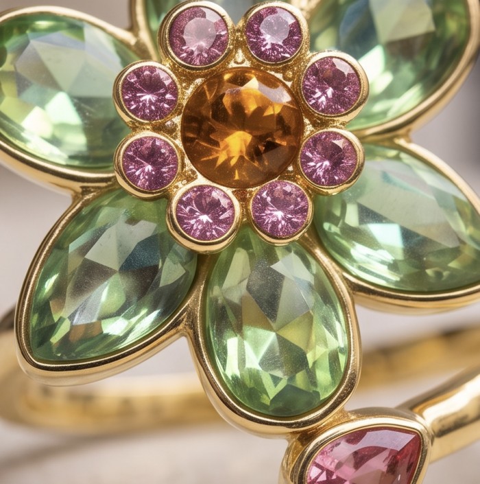 Summer flower 6.5 carat genuine Green Topaz 14K Gold over .925 Sterling Silver handmade Statement Ring size 8 1/4 - Close-up of Summer Flower ring, green topaz and gold details.