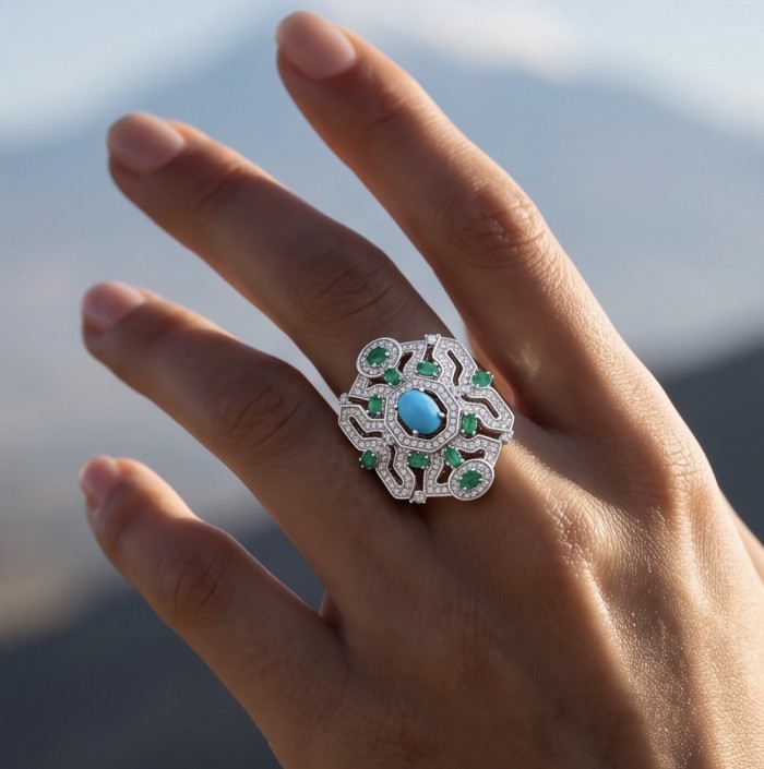 Art Deco - Pacifica - 18.4 carat Turquoise Emerald .925 Sterling Silver handmade Statement ring s. 7 - Art Deco ring with turquoise and emerald worn on hand, outdoor view.