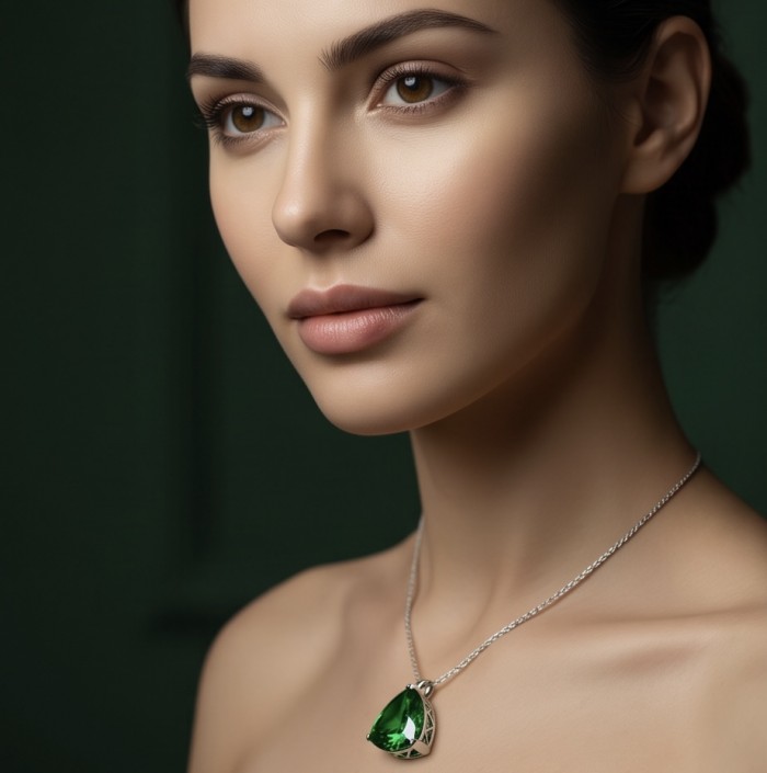 Trillion Cut Perfect 29.5 carat Volcanic Helenite .925 Sterling Silver handcrafted Pendant - Woman wearing 29.5 carat trillion cut Helenite pendant on silver chain