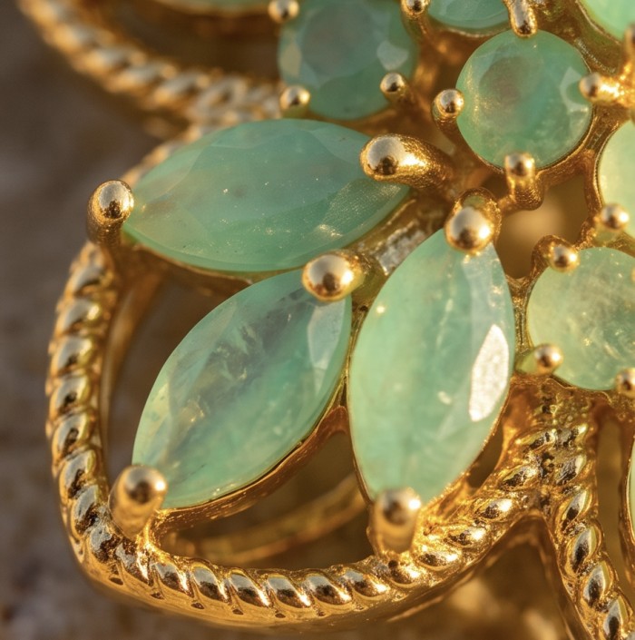 Floral design - authentic 25.5 carat Colombian Emerald 18K Gold over .925 Sterling Silver handcrafted Pendant - Close-up of floral design emeralds in 18K gold setting.