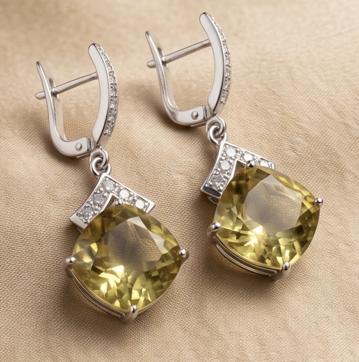 Giovanna 14.5 carat Champagne Smoky Topaz Rhodium over .925 Sterling Silver handmade Statement Earrings - Topaz earrings, front view, showing stones and rhodium detailing.
