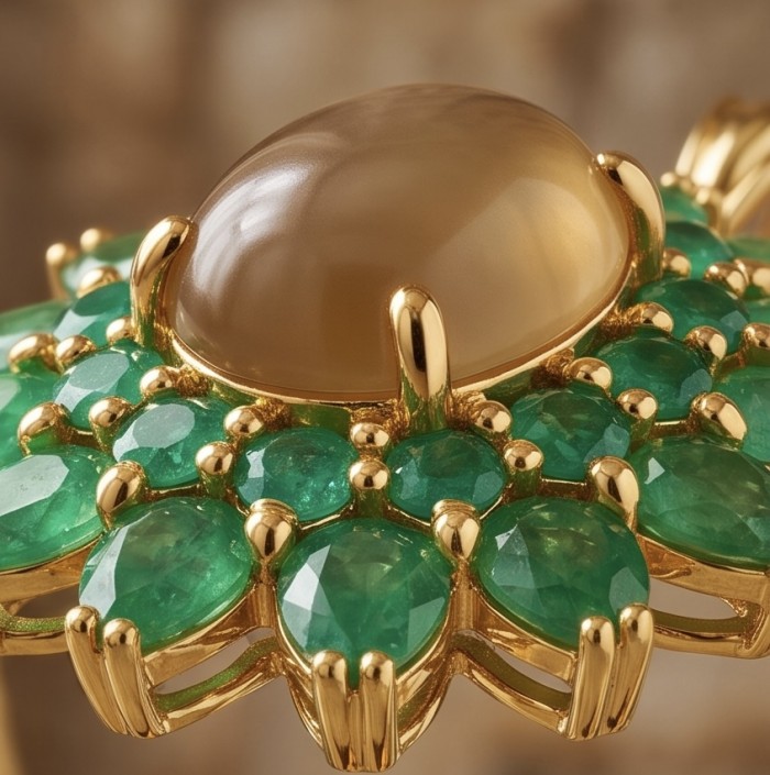 Stella 17.5 carat Brazilian yellow Tourmaline 18K Gold over .925 Sterling Silver handmade Pendant - Close-up of Stella yellow Tourmaline with green gemstones in 18K gold.