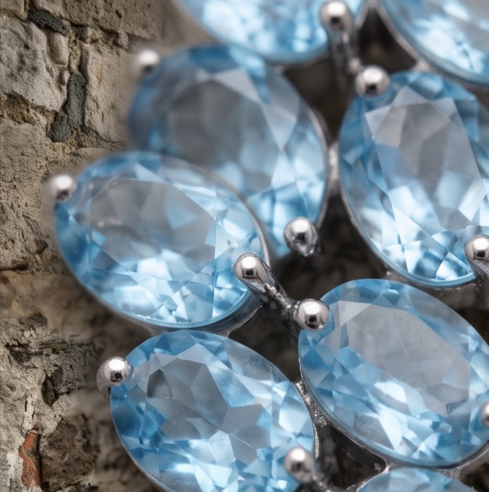 Serenity 27.4 carat genuine Swiss Blue Topaz .925 Sterling Silver handmade Statement Handcrafted earrings - Stone close-up of Swiss Blue Topaz in .925 Sterling Silver setting.