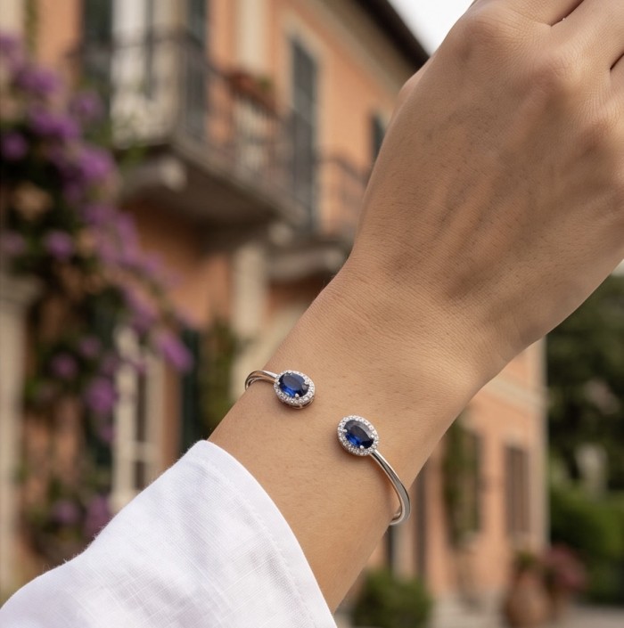 Romantica Precious Natural 4.2 carat White Topaz .925 Sterling Silver bracelet - Worn on wrist, Romantica bracelet with blue stones and white topaz accents.