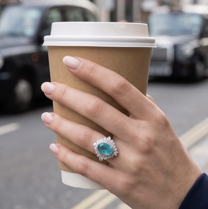 Mesmerizing 14.8 carat Aquamarine rhodium over .925 Sterling Silver handcrafted ring size 8 1/4 - Aquamarine ring on hand holding coffee cup, showcasing stone and detail.