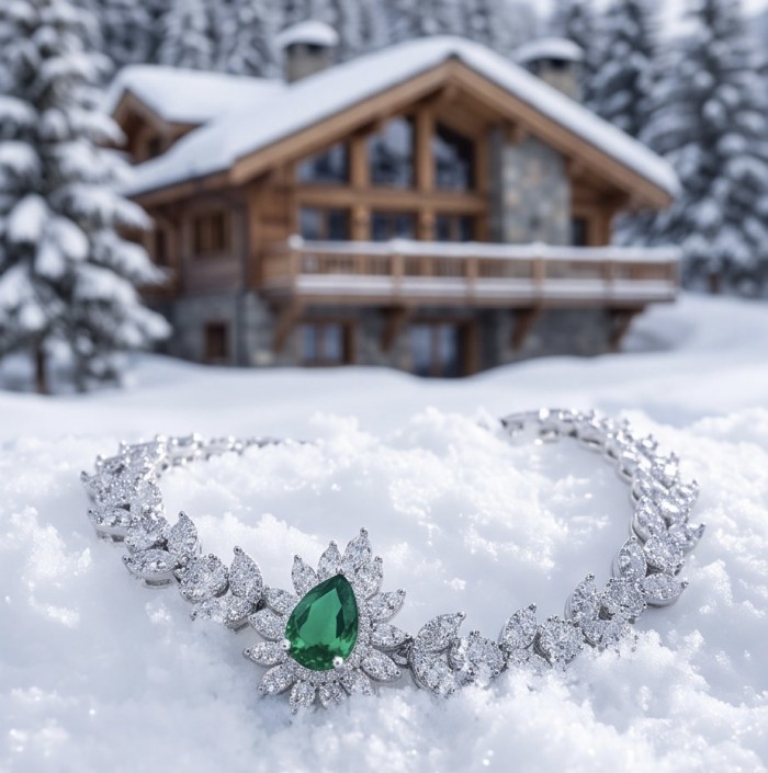 Giovanna - Authentic 4.5 carat Colombian Emerlad .925 Sterling Silver handcrafted Statement bracelet - Emerald necklace in snow, front view with chalet background.