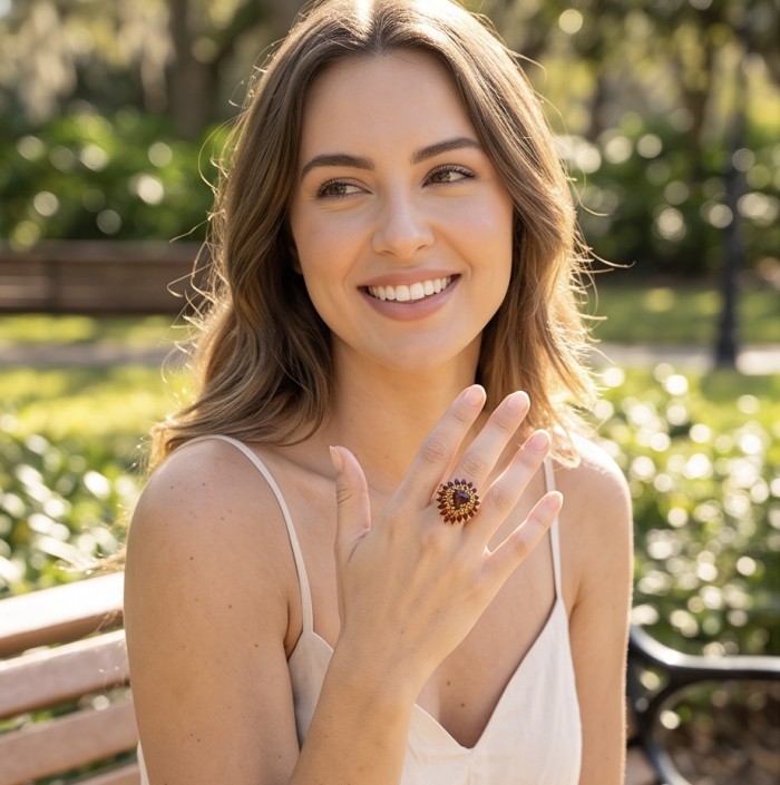 Giovanna trillion cut 22.5 carat Garnet 22K Gold over .925 Sterling Silver handcrafted ring size 7 - Woman wearing Giovanna garnet ring in a sunny park setting.