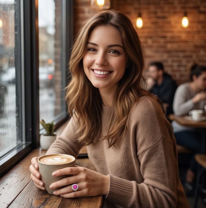 12.8 carat Brazilian Pink Topaz .925 Sterling Silver dipped in rhodium Perfectly handcrafted Ring s. 7 3/4 - Pink topaz ring on hand in a coffee shop setting
