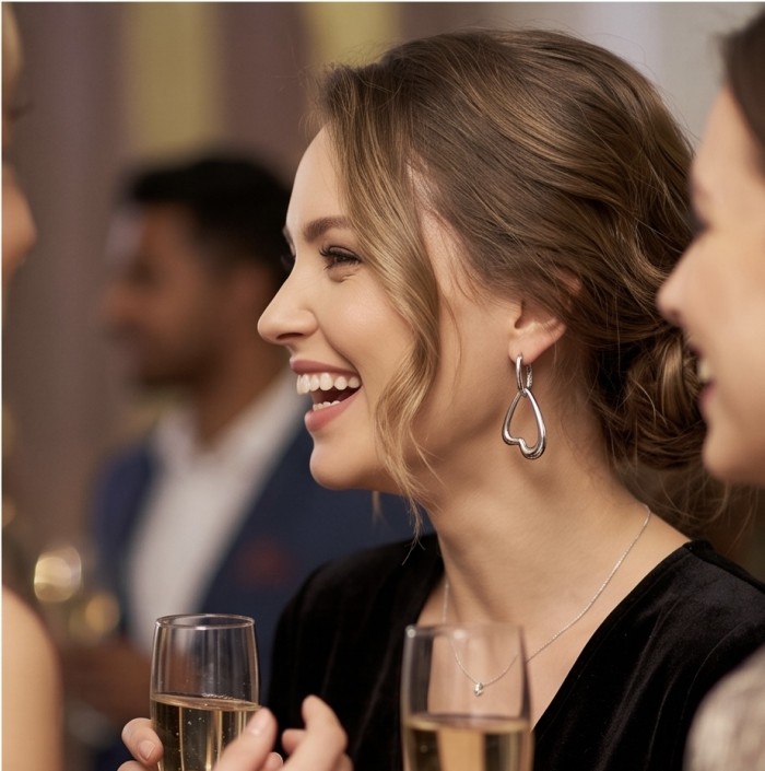 Hearts - 925 Sterling Silver luxuriously dipped in rhodium handmade earrings - Side view of heart earrings worn by a woman, smiling with champagne.