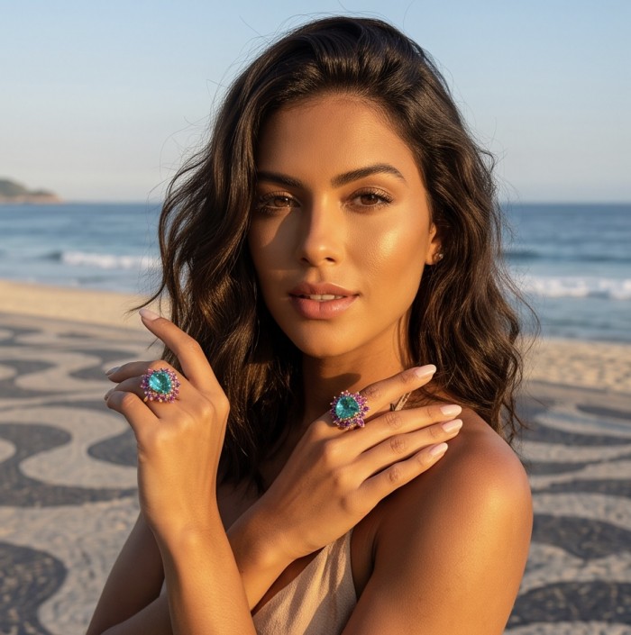 15.9 carat authentic Lime green Tourmaline 14K Gold over .925 Sterling Silver Handcrafted Statement Ring size 7 3/4 - Model on beach wearing lime green tourmaline rings.