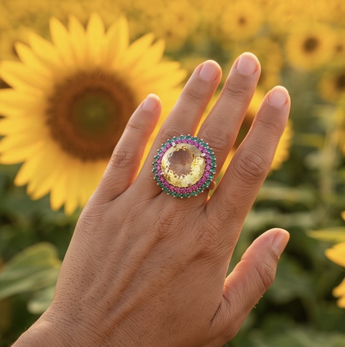Gabriella 42.6 carat Lemon Quartz Peridot rhodium over .925 Sterling Silver handcrafted Statement ring size 9 - Worn on hand: Gabriella 42.6 ct Lemon Quartz ring in sunflower field.