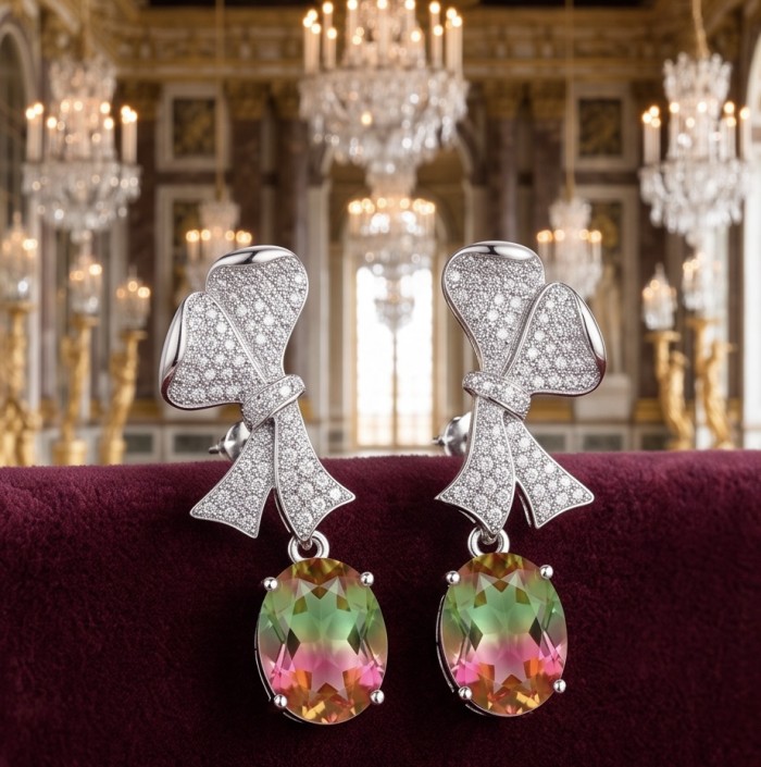 Luxurious 7.5 carat Brazilian Watermelon Tourmaline .925 Sterling Silver Handcrafted Earrings - Elegant earrings with bow detail and watermelon tourmaline stones.