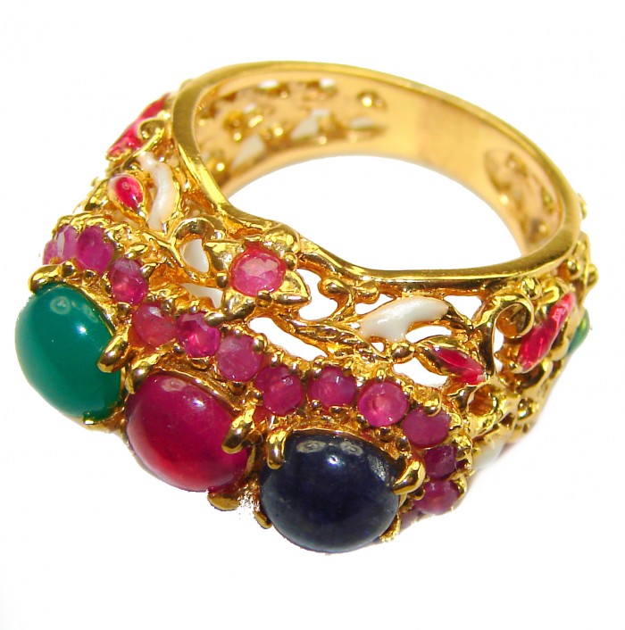 Magnificent 10.9 carat Natural Ruby Emerald Sapphire Enemel 18K Gold over . 925 Sterling Silver handcrafted Statement Ring size 6 - photo 2