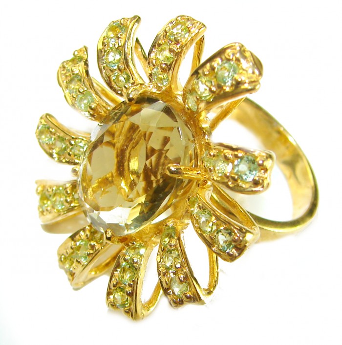 Golden Flower 10.5 carat Authentic Citrine Peridot 14K Gold over .925 Sterling Silver handcrafted Statement ring size 7 - photo 2