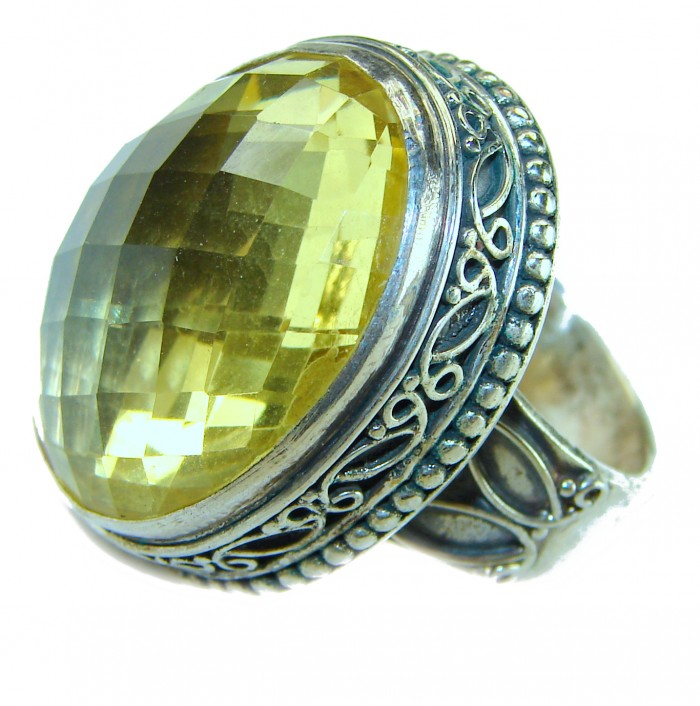 Fancy oval cut Solid 20.8 carat Genuine Lemon Quartz .925 Sterling Silver handcrafted ring size 9 - photo 2