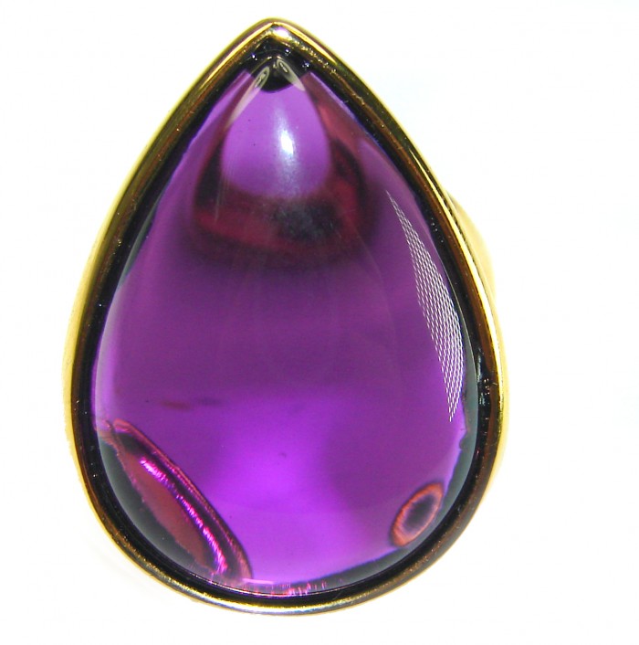 Purple Drop 22.2 carat Amethyst 14K Gold over .925 Sterling Silver Handcrafted Large Ring size 6 - Purple amethyst drop ring, 22.2 carat, stone close-up, gold setting.