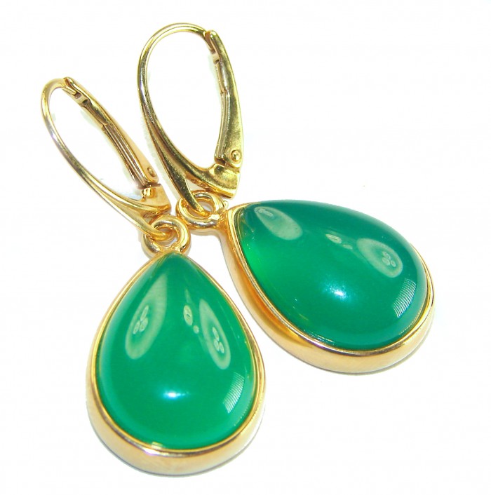 Unique genuine Jade 18K Gold over over .925 Sterling Silver handcrafted earrings - Close-up of jade teardrop earrings in gold over sterling silver.