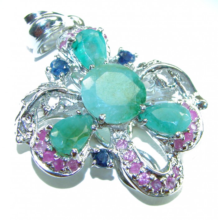 Authentic 12.5 carat Emerald Sapphire .925 Sterling Silver handcrafted Pendant - Emerald and sapphire pendant, top view, sterling silver setting