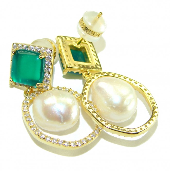 Born to Glam authentic 5.2 carat Pearl 18K Gold over .925 Sterling Silver handcrafted earrings - Close-up of Born to Glam earrings with pearls and green stones.