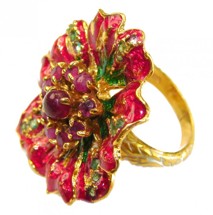 CARMEN 5.5 carat Mozambique Ruby Enamel 18K Gold over .925 Sterling Silver handcrafted Ring s. 7 - Flower-shaped ruby and enamel ring, top view, 18K gold.
