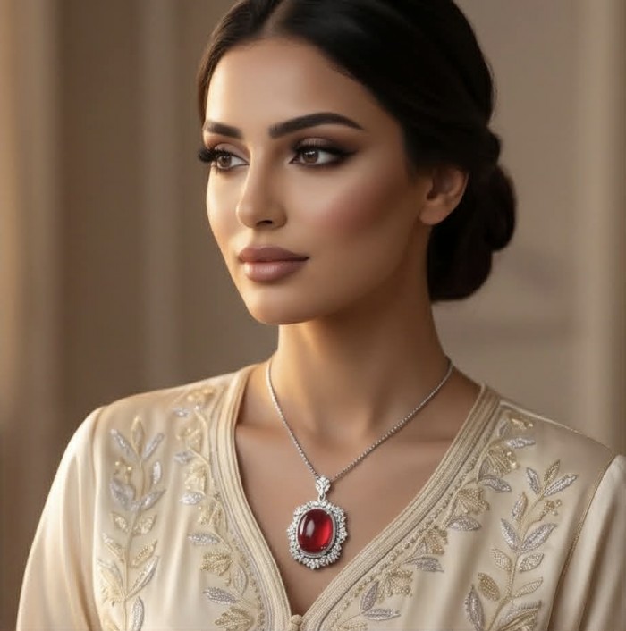 Luxurious 28.8 carat natural Ruby White Topaz .925 Sterling Silver .925 Sterling Silver Statement Necklace - Close-up of ruby and topaz necklace worn by a woman