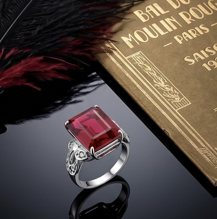 Carmen 15.5 carat emerald cut Ruby .925 Sterling Silver handcrafted incredible ring s. 6 3/4 - Ruby ring with intricate band, top view on reflective surface