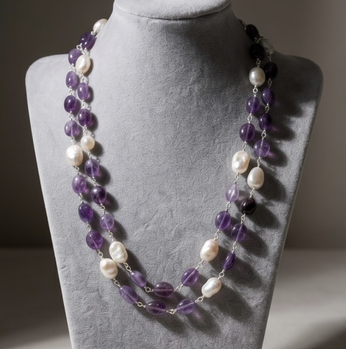 Emma 49.2 carat Natural Amethyst .925 Sterling Silver .925 Sterling Silver Necklace - Front view of Emma amethyst and pearl necklace on display bust