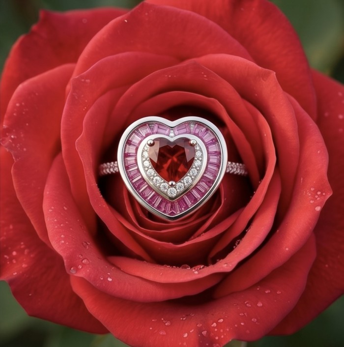 Art deco - My Sweet Heart Natural 4.8 carat Mozambique Ruby .925 Sterling Silver Handcrafted Cocktail Ring s. 7 1/2 - Close-up of heart ruby ring in a red rose.
