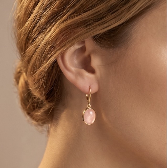Authentic 10.2 carat Rose Quartz 14K Gold over .925 Silver handcrafted Statement earrings - Rose Quartz earring side view, 14K gold over silver, worn on ear.
