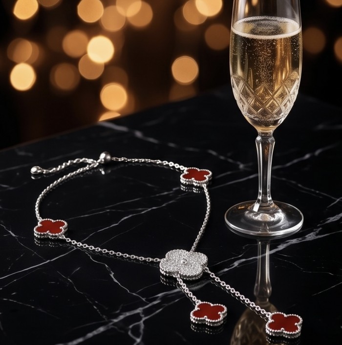 Outstanding 20 inches long Carnelian Lucky Four Leaf Clover .925 Sterling Silver necklace - Necklace with glass, top view on black marble with bokeh background