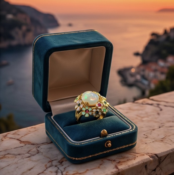 Enchantment Genuine 10.8 carat Opal 18K Gold over .925 Sterling Silver handmade Ring size 6 1/4 - Opal ring in open box with sunset view in background